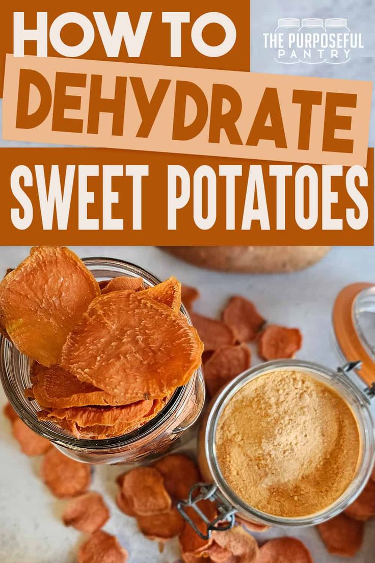 how to dehydrate sweet potato chips in a jar with text overlay