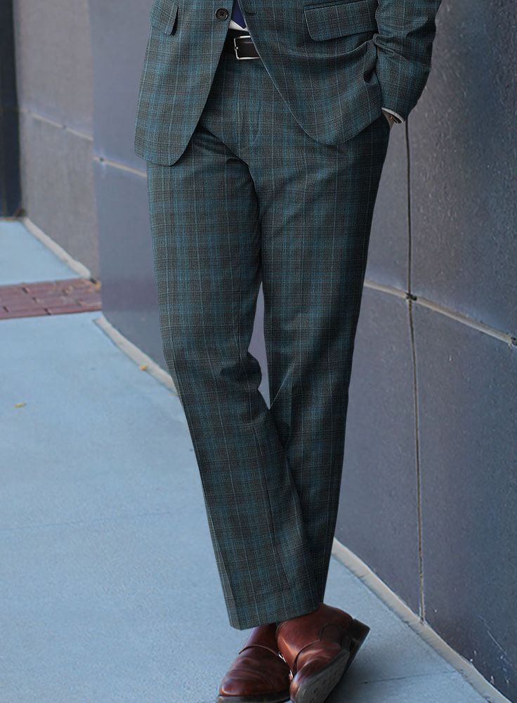 If you're someone who loves to experiment with your looks, whether it's for a wedding function or any other premium occasion, take cues from our Reda Cyan Green Checks Wool Pants. Crafted from pure wool fabric, it has an exceptionally soft and lightweight finish. Featuring plaid weaves with a classy cyan green hue, which is both modern and versatile, making it easy to pair with a variety of accessories and shoes. Finally, carry it with confidence to make the eyes stick to you.  Look Includes Fitted Fall Suit Trousers, Fall Full Length Formal Suits, Classic Wedding Trousers, Elegant Full-length Fall Suits, Tailored Classic Pants For Wedding, Classic Tailored Pants For Wedding, Tailored Classic Wedding Pants, Fall Semi-formal Suits With Straight Pants, Formal Fall Suits With Straight Pants