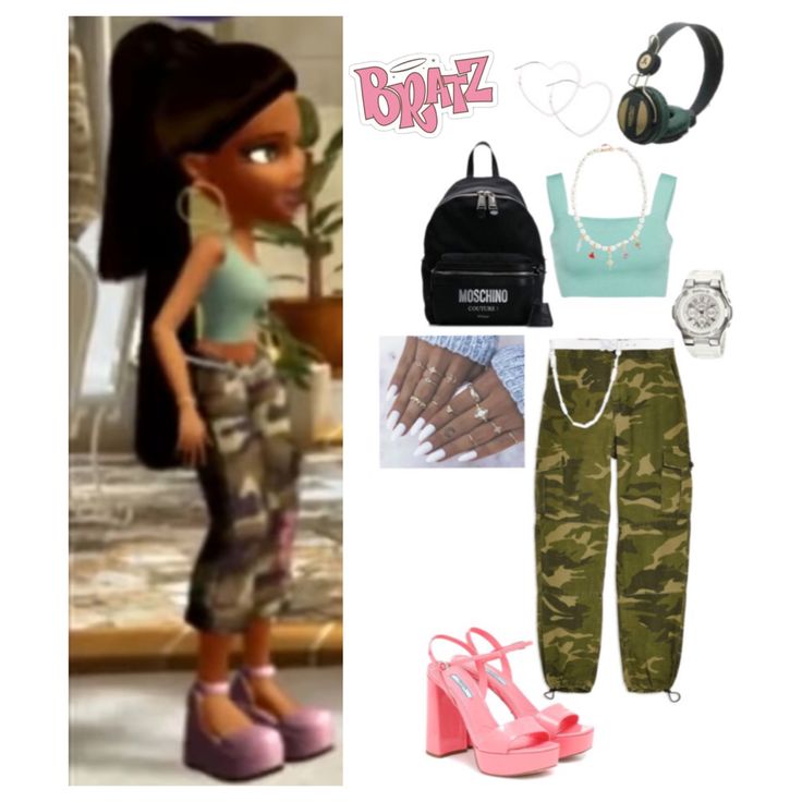 the doll is dressed in camo pants and pink high heeled shoes with headphones