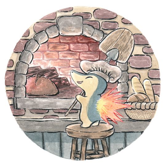 a drawing of a mouse on a stool in front of a brick oven with a fire coming out of it