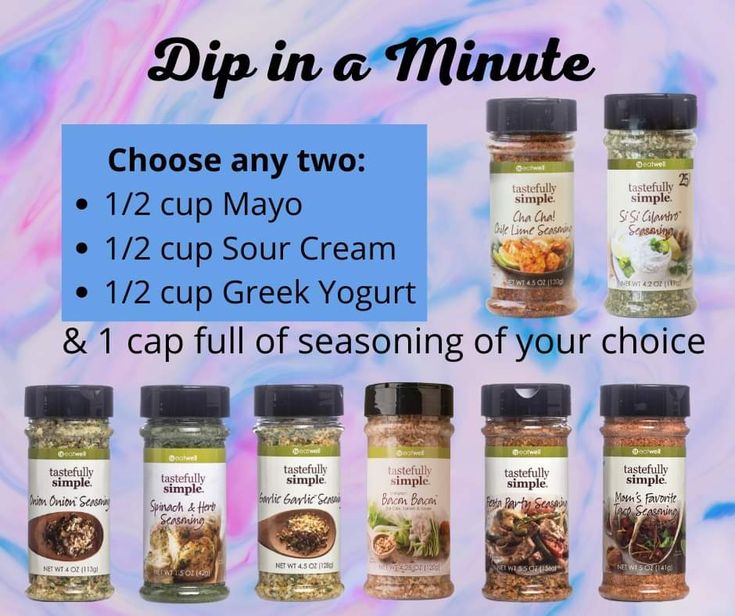 six jars of different spices and seasonings with the text dip in a minute choose any two