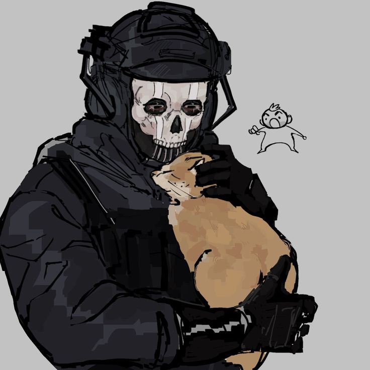 a drawing of a man holding a cat and wearing a helmet with a skull on it