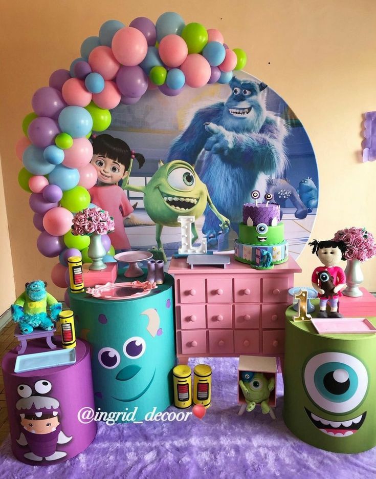 monsters birthday party with balloons and decorations