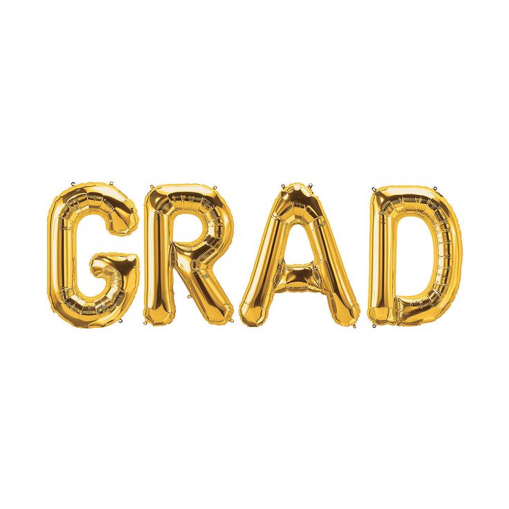 the word grad spelled with gold balloons