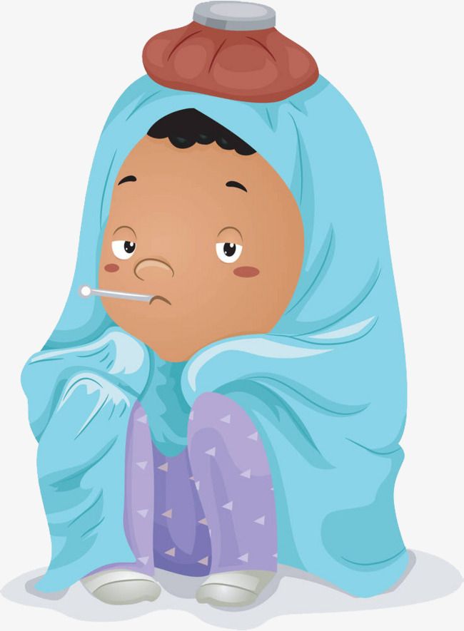 a little kid wrapped in a blanket with a thermometer on his head and nose