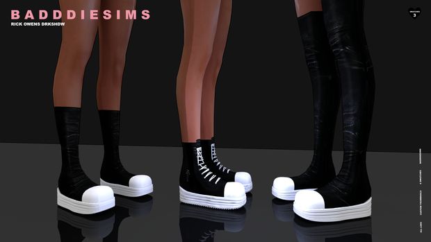 three pairs of black high - top shoes with white soles on the bottom and side