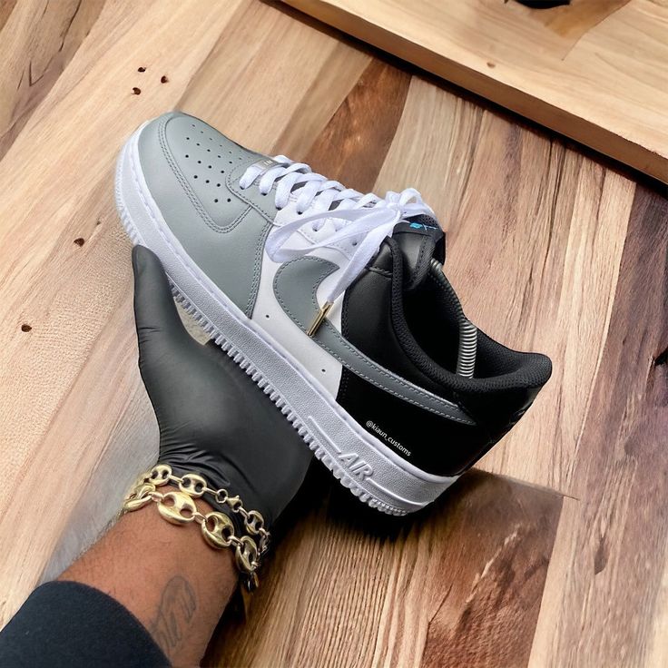 Custom Grey and black Air Force 1s - Kiaun's Customs LLC Modern Custom Sneakers With Fade-resistant Round Toe, Modern Low-top Custom Sneakers, Modern Nike Air Force 1 With Round Toe, Modern Nike Air Force 1 For Streetwear, Air Force 1s, Metal Lace, Color Shades, Air Force, Metallic Silver