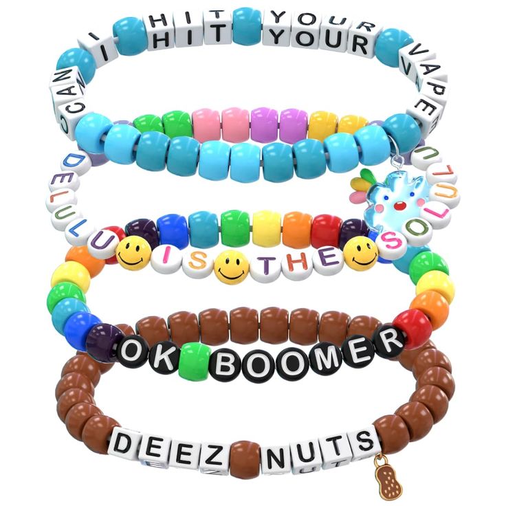 PRICES MAY VARY. FUN PHRASES: This pack has phrases that will spread laughs - funny memes, pickup lines for rave bae, explicit jokes, and more! You will get 15 of our 20 fun designs in this pack. MAKE MORE FRIENDS: More kandi means sharing more special moments, and making more friends! Bring extra and have the best festival experience! SAVE TIME & MONEY: Ever get frustrated looking for that last letter? Our packs will save you hours and are cheaper than purchasing a kit, beads, extra letter pack Funny Braclet Ideas, Funny Letter Bracelets, Weird Bracelets, Beaded Bracelets Funny, Letter Bracelet Beads Ideas Funny, Funny Beaded Bracelets Words, Rave Bracelets Ideas, Rave Candy Bracelets Ideas, Letter Beads Ideas