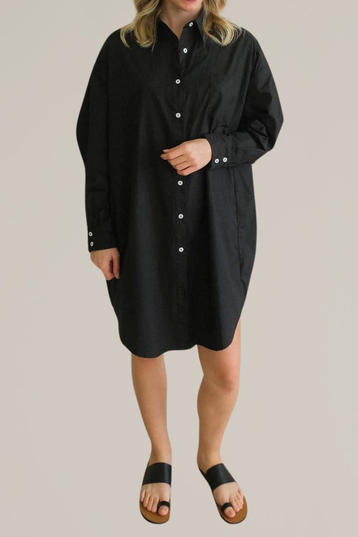 this oversize, cotton button down shirtdress is going to be your new go-to closet staple. can be worn casually everyday with a pair of sandals or sneakers, or can be dressed up with a belt and strappy heels. the styling choices are endless with this one. 100% cotton side pockets unlined hand wash cold | hang dry | cool iron do not dry clean model is wearing size small if in between sizes, we recommend sizing down Trendy Oversized Button-up Shirt Dress, Black Shirt Dress With Buttons In Relaxed Fit, Black Cotton Relaxed Fit Shirt Dress, Black Relaxed Fit Cotton Shirt Dress, Trendy Relaxed Fit Shirt Dress For Daywear, Black Relaxed Fit Shirt Dress For Spring, Black Relaxed Fit Button-up Shirt Dress, Black Cotton Shirt Dress With Relaxed Fit, Black Relaxed Fit Shirt Dress For Work