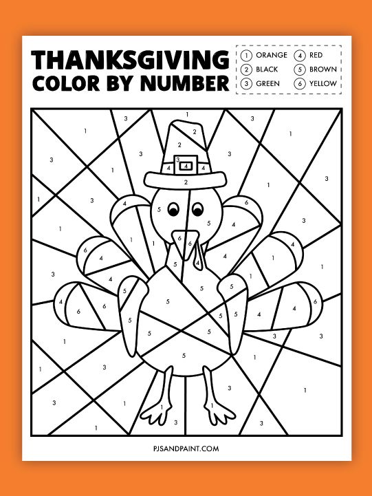 a thanksgiving color by number coloring page with a turkey wearing a pilgrim's hat