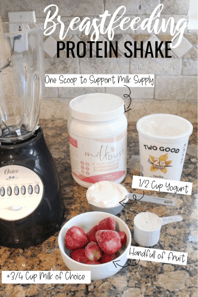 ingredients needed to make a protein shake recipe on a granite countertop with text overlay