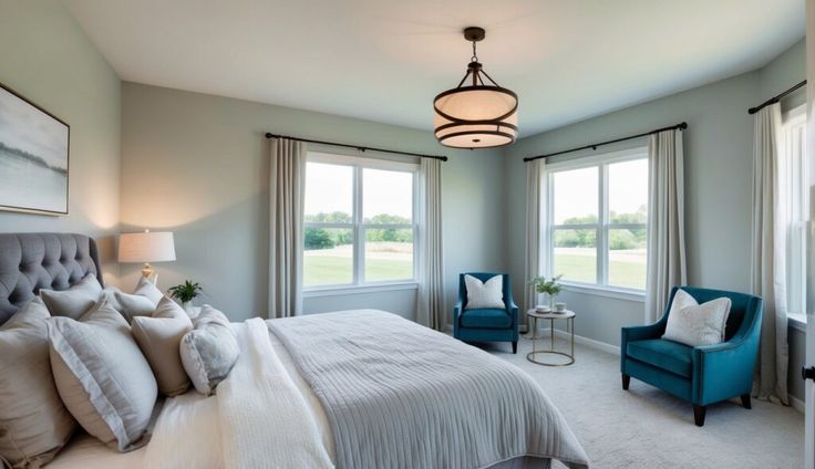 a bedroom with a large bed and two blue chairs in front of the big windows