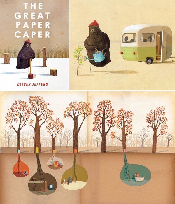 an illustrated book with illustrations of trees and people in the background, including a camper