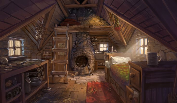 an artist's rendering of a rustic cabin bedroom with stone fireplace and wood burning stove