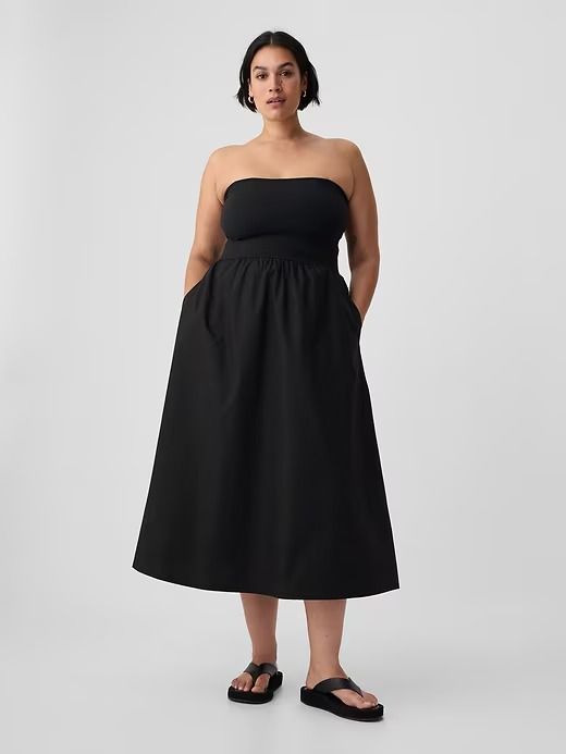 Mixed Media Midi Dress | Gap Chic Bandeau Midi Dress For Summer, Summer Daywear Midi Dress With Voluminous Skirt, Summer Midi Dress With Voluminous Skirt For Daywear, Evening Midi-length Dress With Relaxed Skirt, Elegant Bandeau Dress For Day Out, Elegant Strapless Bandeau Dress For Day Out, Chic Sleeveless Dress With Relaxed Skirt, Summer Evening Dress With Relaxed Skirt, Chic Bandeau Midi Dress For Brunch