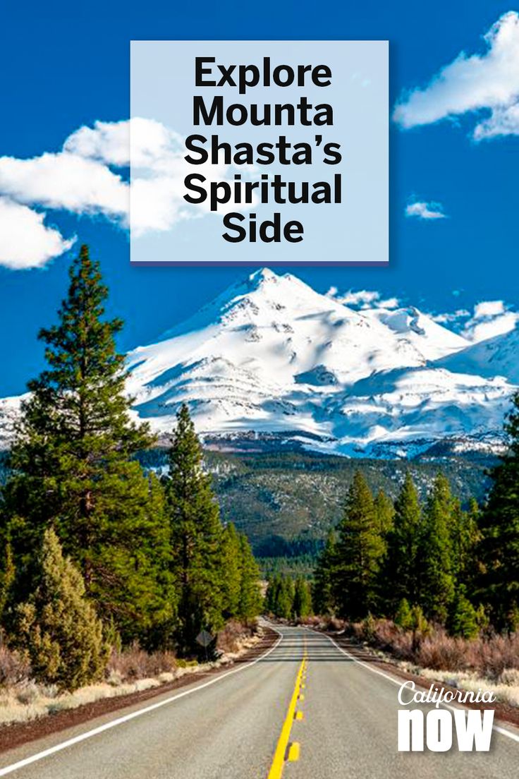 a road with trees and mountains in the background that says explore mount shasta's spiritual side