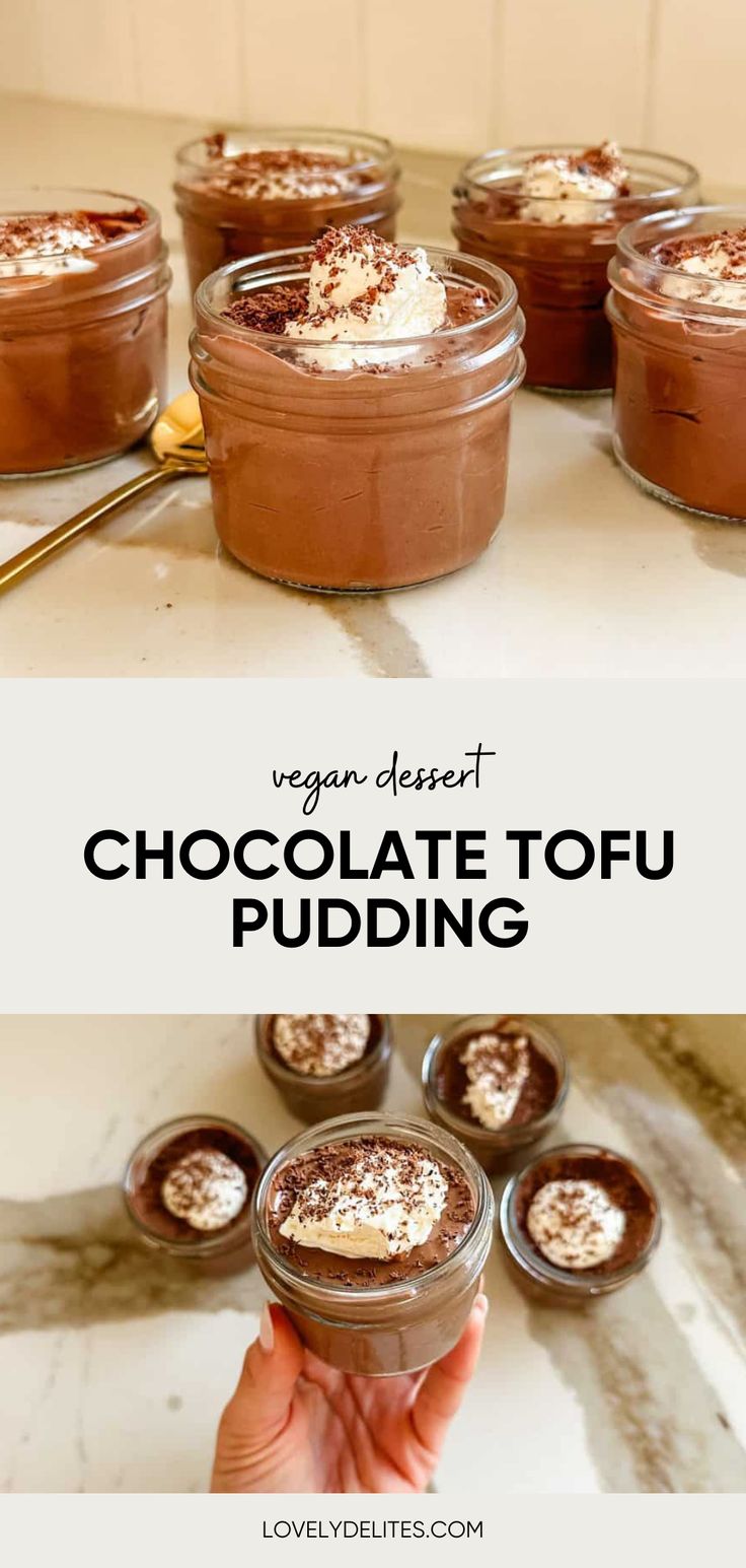 chocolate tofu pudding in small glass jars with spoons on the side and text overlay reading vegan dessert chocolate tofu pudding