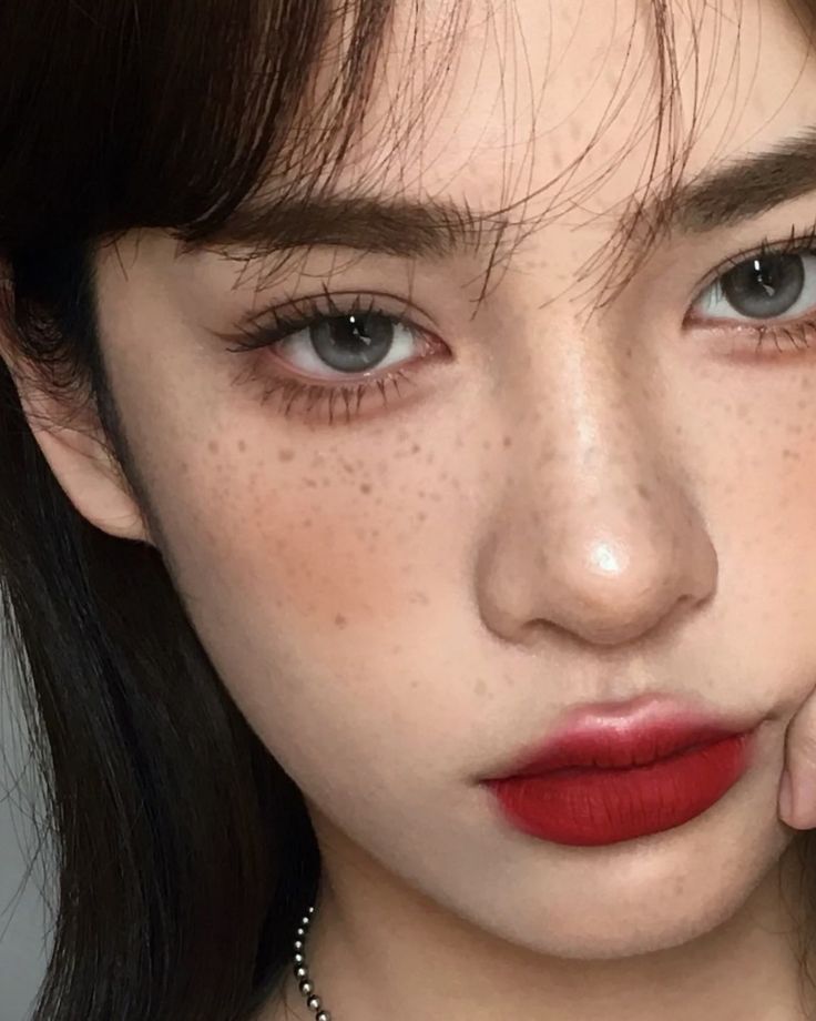 Peach Asian Makeup, Red Lips Eye Makeup, Blush And Freckles Makeup, Asian Freckles Makeup, Asian Makeup On Western Eyes, Asian Fishing Makeup Example, Natural Red Lip Makeup, Half Asian Makeup, Douyin Makeup On Western Features