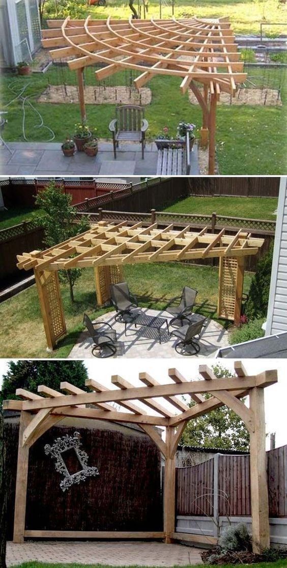 an outdoor pergolan with wooden posts and chairs in the back yard, next to a