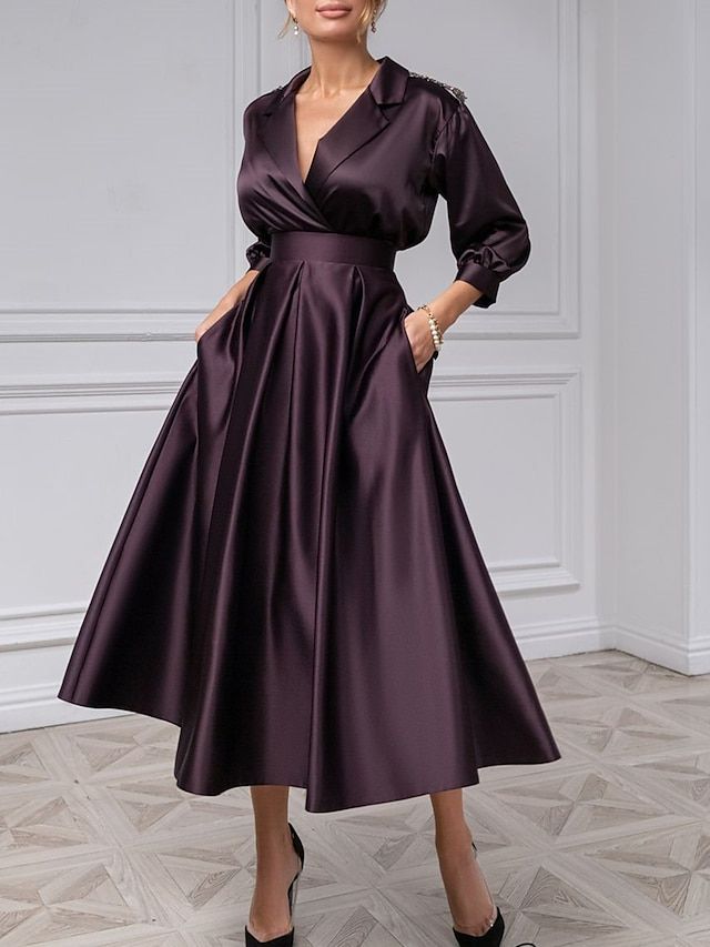 A-Line Wedding Guest Dress Elegant Dress Semi-formal Evening Party Tea Length 3/4 Length Sleeve Shirt Collar Satin with Pleats 2024 2024 - $121.99 Dress Plus Size Wedding Guest, Cocktail Dress Elegant, Clothes Hacks, Cheap Cocktail Dresses, Gown Elegant, Cocktail Dresses Online, A Line Cocktail Dress, Satin Cocktail Dress, Vintage Black Dress