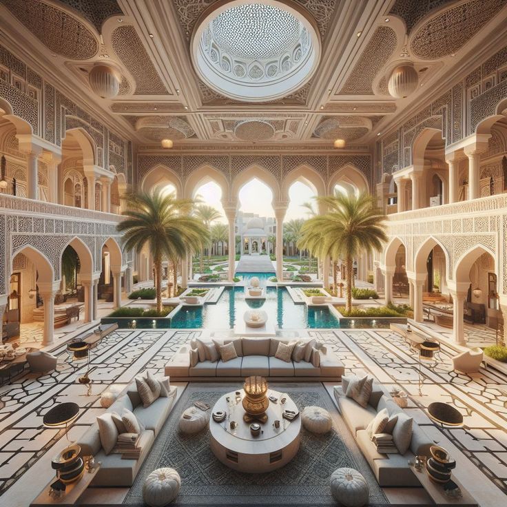 an elaborately decorated lobby with pool and palm trees in the center, surrounded by arches