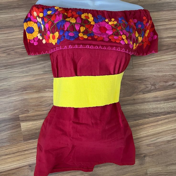 One Of A Kind Hand Embroidered Off The Shoulder Bohemian Top One Size Follow Me On Ig @Vanesaboutiqueny Belt Not Included Red Short Sleeve Blouse With Embroidered Neckline, Fitted Red Embroidered Top For Spring, Red Tops For Spring Fiesta, Red Tops For Fiesta In Spring, Red Embroidered Hem Top For Summer, Red Embroidered Tops For Fiesta, Red Short Sleeve Top With Embroidered Hem, Red Embroidered Summer Top, Fitted Red Top With Floral Embroidery