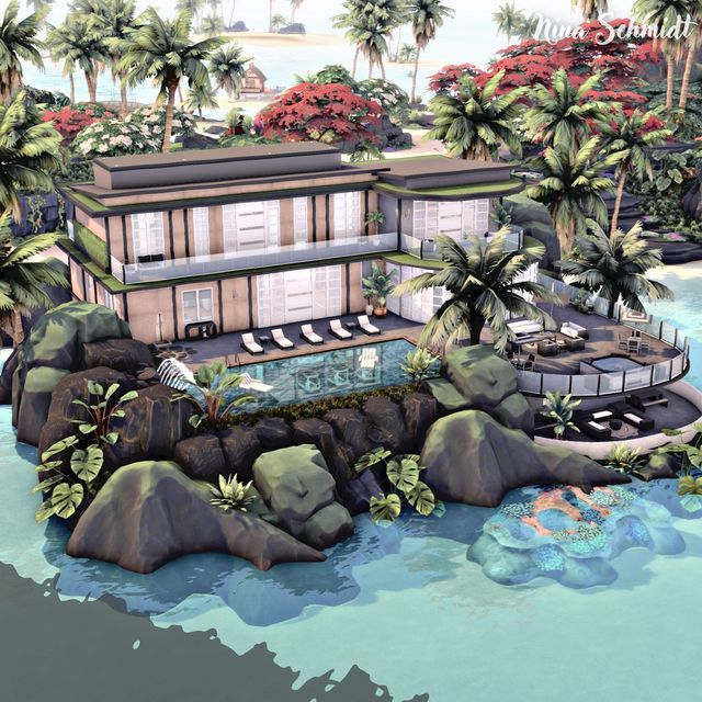 an artist's rendering of a house on the water with palm trees around it