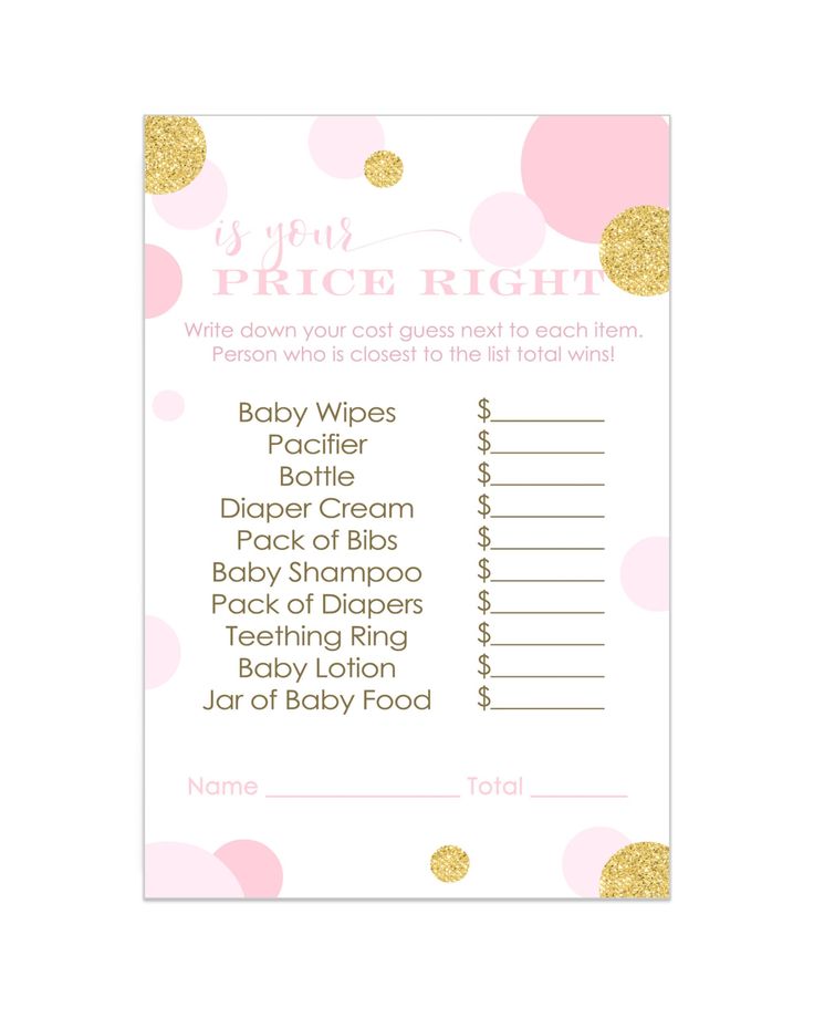 a pink and gold baby shower game with the words, price right on it's back