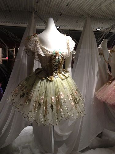 several dresses are on display in a room