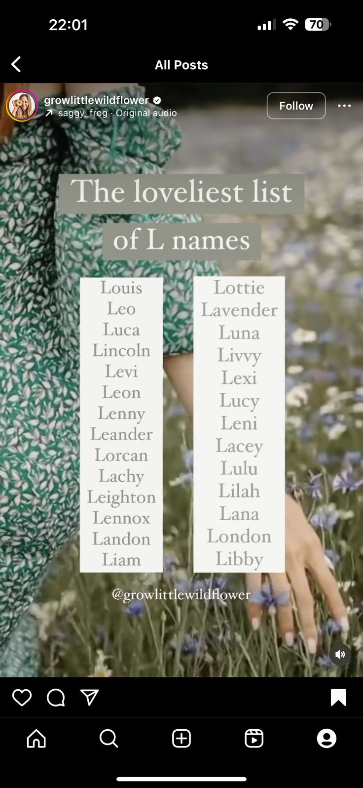 the lovely list of l's names is displayed on an iphone screen with flowers in the background