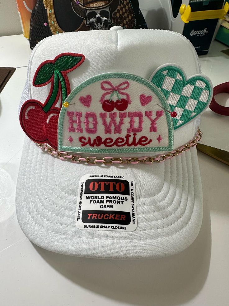 Howdy Trucker Hat. Design can be put on any hat color. Cute Flat Brim Hat One Size, Cute Brimmed Trucker Hat, One Size Fits Most, Cute Brimmed Trucker Hat One Size Fits Most, Cute Brimmed Trucker Hat, White Snapback Mini Hats For Spring, Casual White Brimmed Snapback Hat, White Trucker Snapback Hat With Short Brim, Snapback Hat With Short Brim For Spring, Vintage White Trucker Hat For Spring