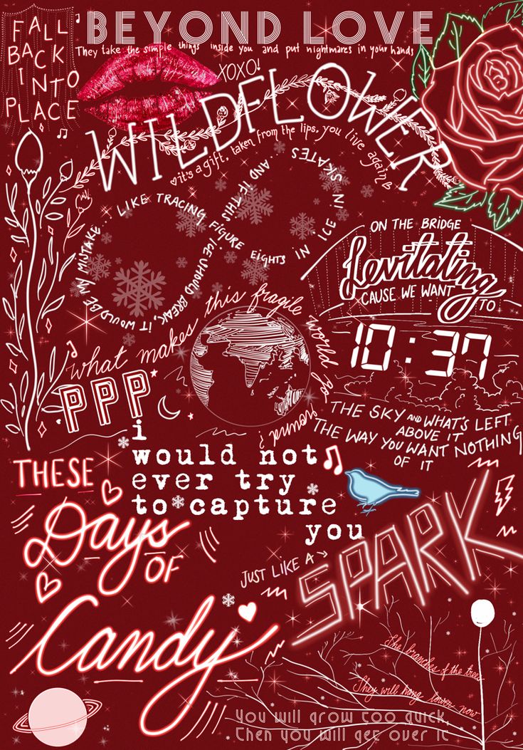 a red poster with words written on it and a rose in the middle, surrounded by other typograms