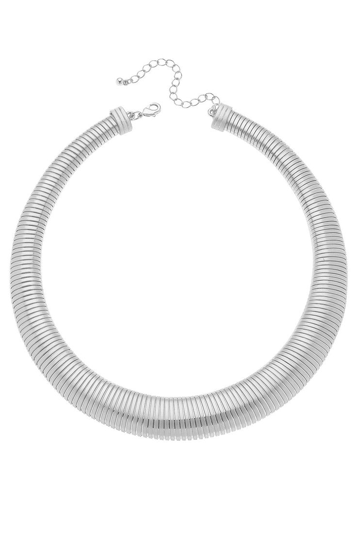 Look stunning with the Ramona Watchband Collar Necklace in Satin Silver. This necklace features a modern, eye-catching design that adds beautiful detail to any ensemble. An easy-to-wear addition to any jewelry collection. Trendy Silver Choker Fashion Accessory, Nickel Free Metal Necklace For Fashion Accessories, Nickel-free Metal Necklace, Modern Necklace With Adjustable Chain, Elegant Stainless Steel Choker, Adjustable Elegant Stainless Steel Choker, Elegant Adjustable Stainless Steel Choker, Elegant Stainless Steel Adjustable Choker, Snake Chain Metal Jewelry For Parties