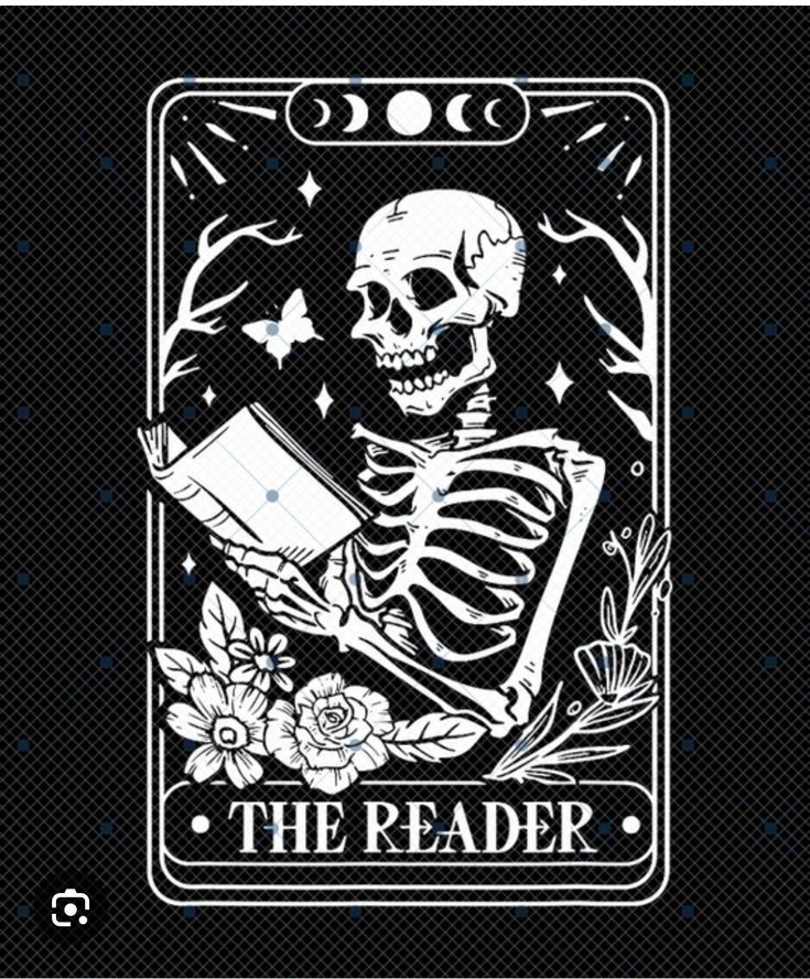 a skeleton reading a book with the words'the reader'in white on a black background