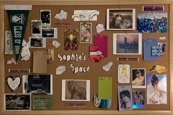 a cork board with pictures and magnets on it that says sophi's space