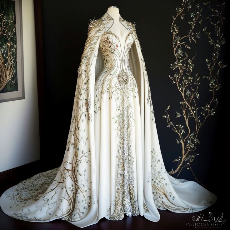 White elvish style gown with silver vine embroidery. Royal Wedding Dress, Old Fashion Dresses, Royal Dresses, Fantasy Dresses, Queen Dress, Fantasy Gowns, فستان سهرة, Fairytale Dress, Dresses Red