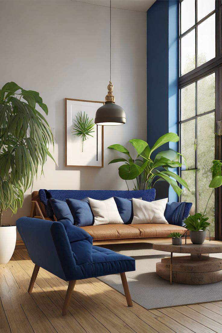 a living room filled with furniture and a potted plant next to a large window