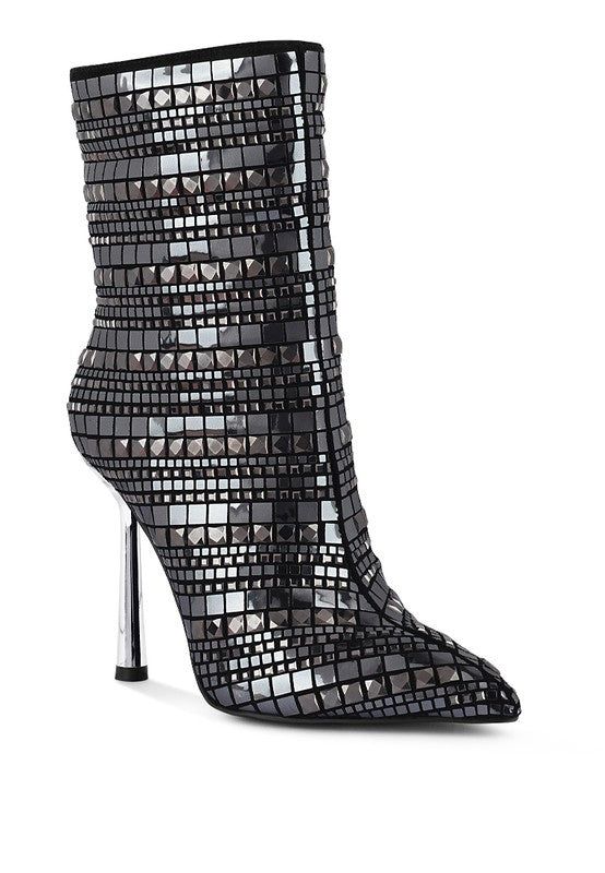 Extravagance Mirror Embellished Stiletto Boots Glamorous Sequined Party Boots, Glamorous Metallic Shiny Boots, Glamorous Metallic Boots, Glamorous Evening Boots With Sequins, Chic Shiny Boots For Party, Shiny High Heel Party Boots, Glamorous Metallic High Heeled Boots, Glamorous Metallic Heeled Boots For Evening, Metallic High Heel Boots For Party