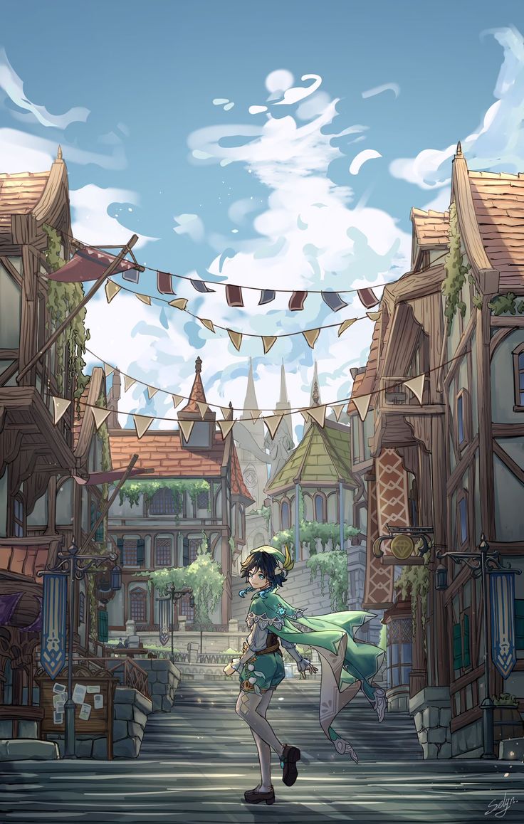 an anime scene with a woman walking down the street in front of some buildings and flags