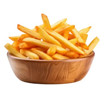 french fries in a wooden bowl on a white background