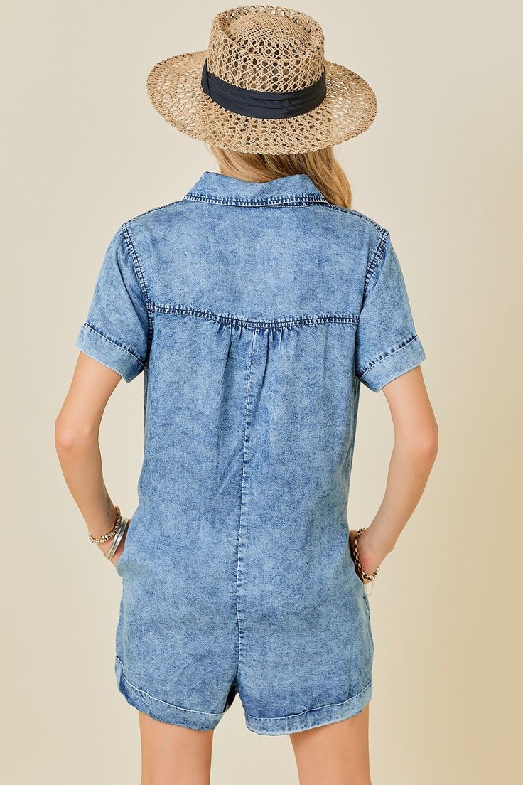 Introducing our Washed Tencel Denim Shirt Romper, the epitome of cool girl style. With a button front, pockets, and loose fit, this romper combines the comfort of a shirt with the ease of a romper. Made from Tencel denim, it's perfect for a casual look. Shirt Romper, Tencel Denim, Cool Girl Style, Denim Romper, Curvy Jeans, Capri Blue, A Button, Girl Style, New Arrival Dress