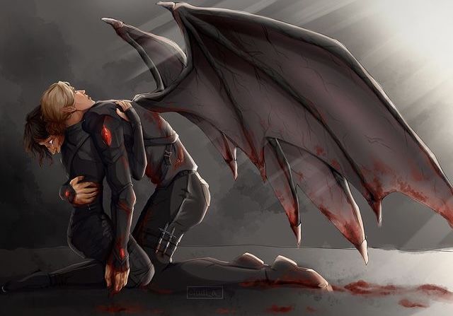 a man and woman are hugging in front of a large dragon with blood on it