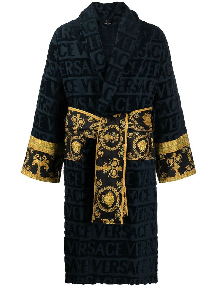 blue/black cotton all-over logo print signature Barocco print shawl lapels long sleeves tied waist Versace Bathrobe, Linen Bathrobe, Terry Robe, Versace Logo, Versace Home, Matches Fashion, Gianni Versace, Versace Men, Printed Sleeves