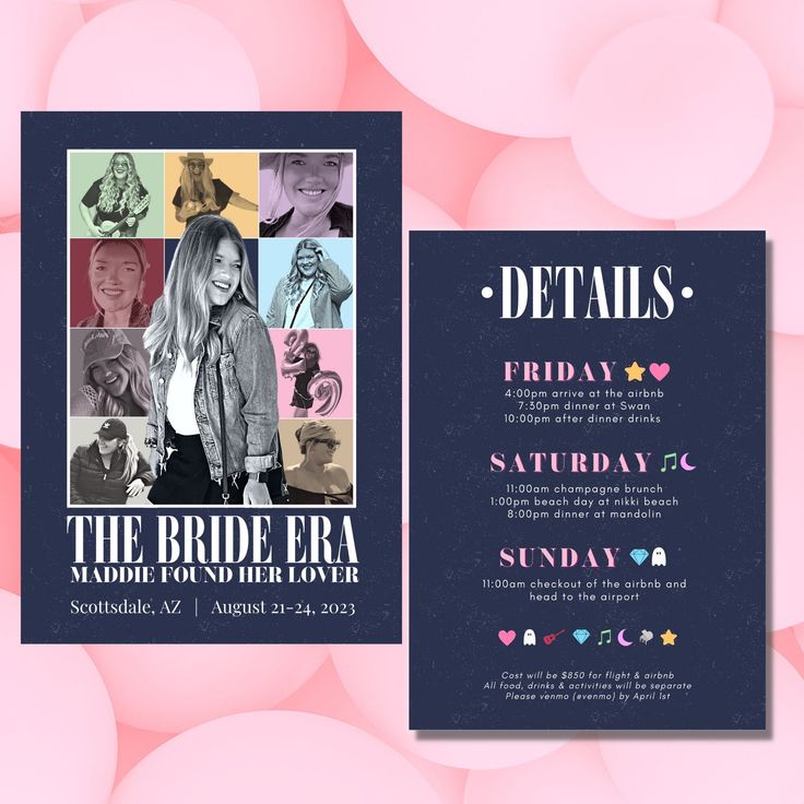 the bridal era flyer is displayed on a pink and blue background with circles around it