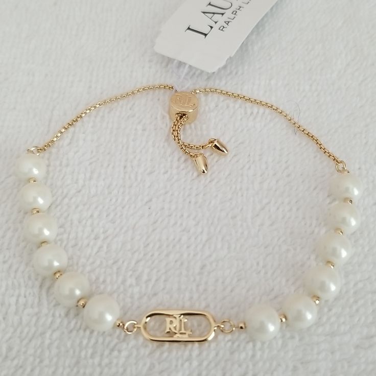 New...Not Used...Authentic Adjustable Slider Bracelet Gold Tone Faux Pearls Lrl Logo Detail Slide Closure Ralph Lauren Bracelet, Braclets Gold, Easter Snack, Ralph Lauren Jewelry, Womens Bangles, Slider Bracelet, Ralph Lauren Leather, Ralph Lauren Logo, Ralph Lauren Style