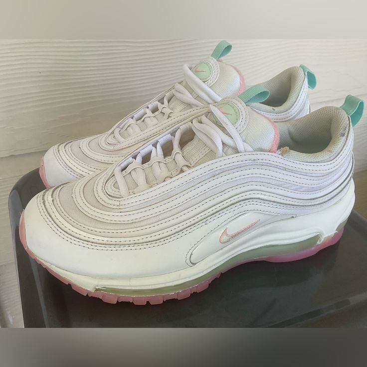 Nike Air Max 97 White Barely Green Womens Size 7.5 Never Worn Excellent Condition White Sneakers With Air Cushioning For Spring, White Air Cushioned Sneakers For Spring, White Air Cushioning Sneakers For Spring, Nike Air Max 97 White, Nike 95, Softball Shoes, Platform Shoes Sneakers, Blush Shoes, Nike Air Women