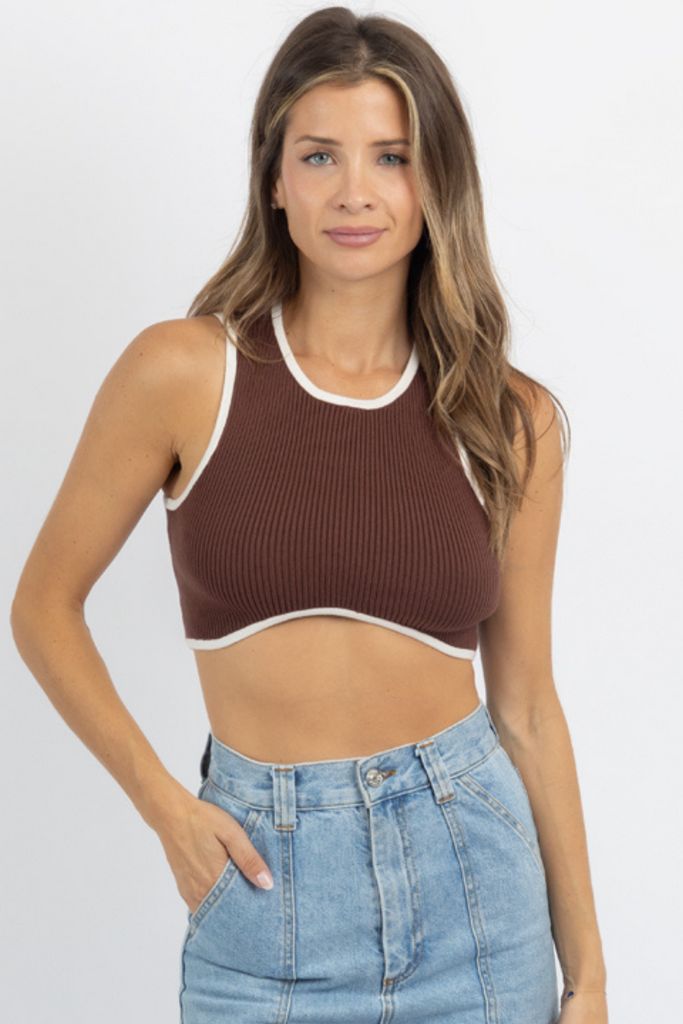 Brown Ribbed Cropped Top, Trendy Brown Ribbed Crop Top, Brown Fitted Crop Top, Chic Seamless Brown Crop Top, Chic Brown Seamless Crop Top, Brown Stretch Crop Top, Trendy Brown Seamless Crop Top, Trendy Seamless Brown Crop Top, Brown Ribbed Sleeveless Crop Top