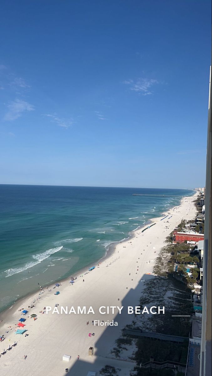 an aerial view of the beach and ocean from a high rise building in panama city, florida