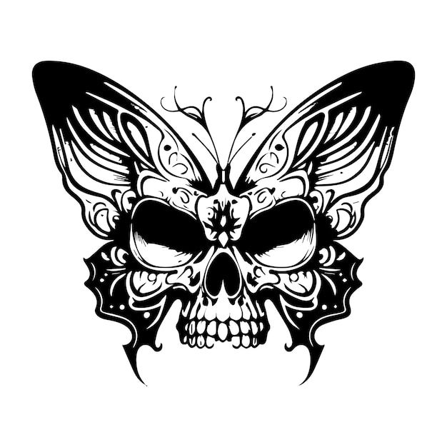 a black and white image of a skull with butterfly wings on it's face