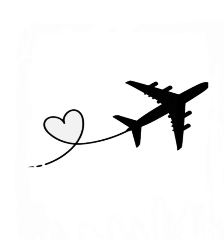 an airplane is flying with a heart on it's tail, and the plane is black and white